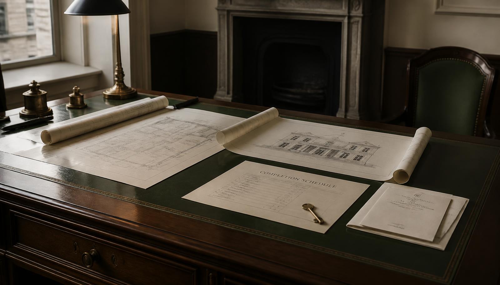 A formal working table bearing two sets of architectural plans, a residence key and a completion schedule.